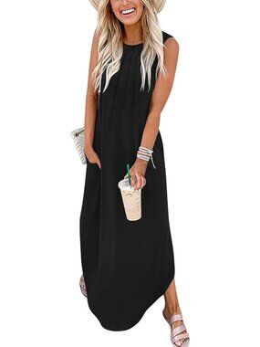 Women's Balck Summer Dress Casual Long Dress Split Curve Hem Maxi Dress Floral